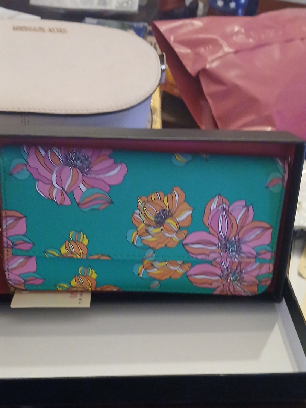 TRINA TURK Floral Print Wallet Clutch in Teal and Pink NWT